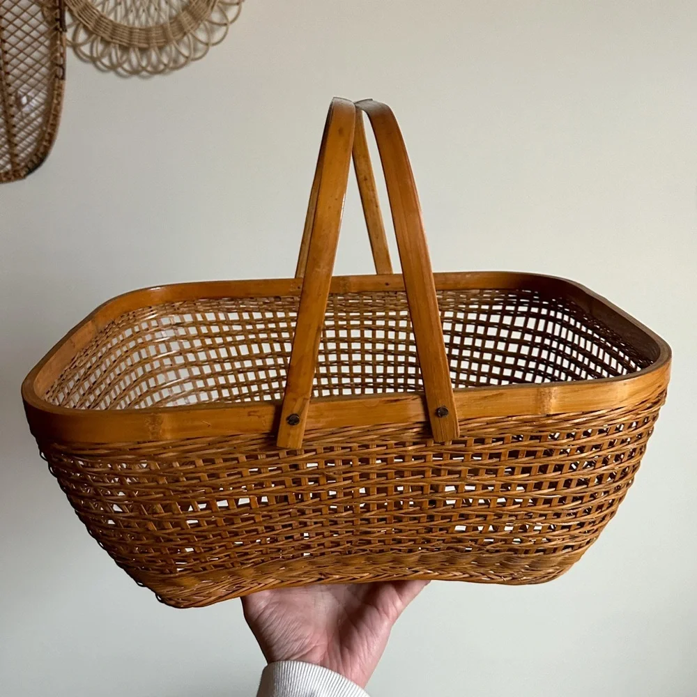 Large Bamboo Rattan Shopping Basket Vintage Bohemian Cottage Core Farmhouse